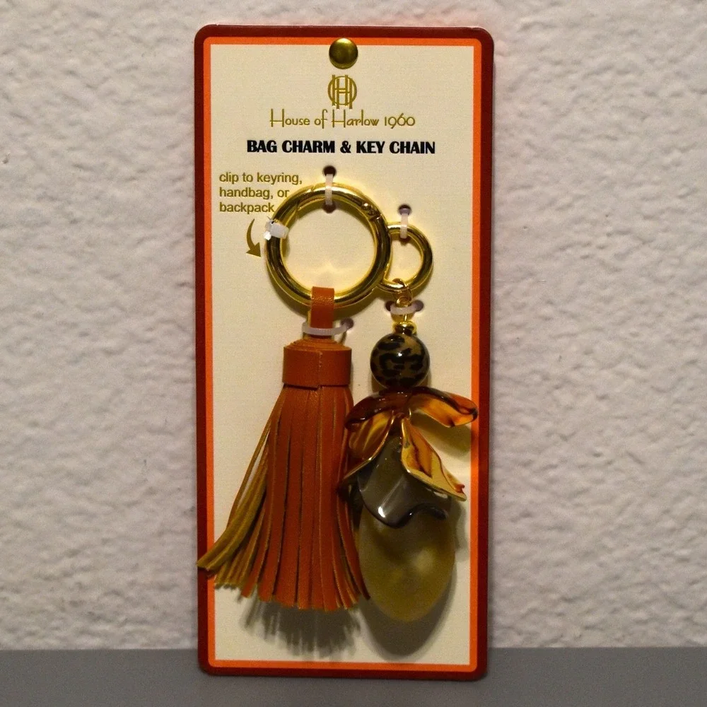 House of Harlow‎ Key Chain & Bag Charm Women Brown Tassel Leopard Bead Keychain